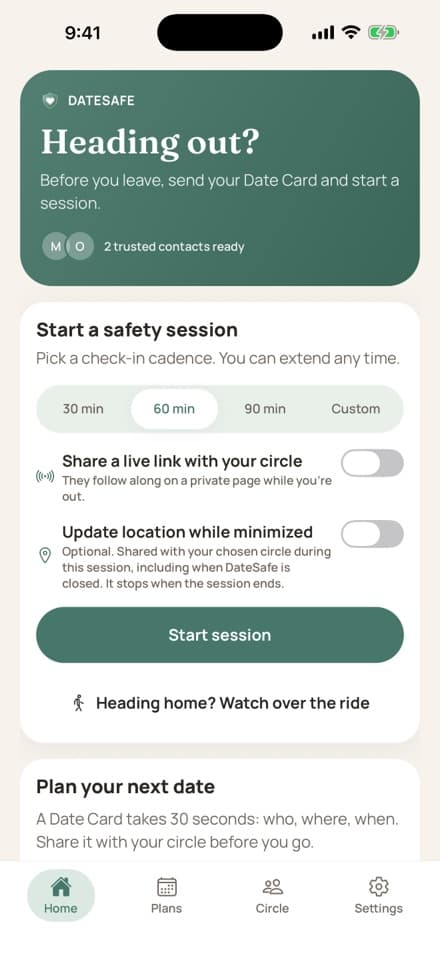 DateSafe home screen with access to a private trusted circle