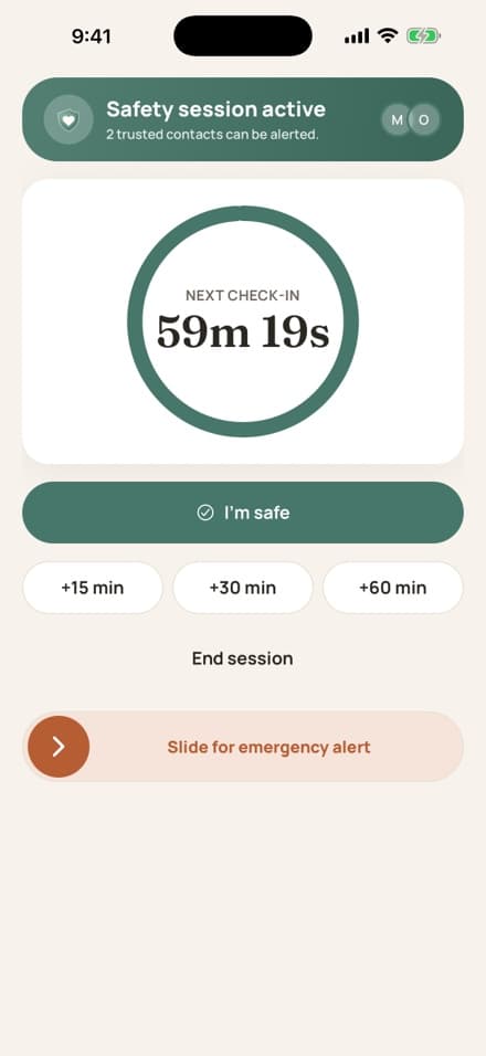 DateSafe active session screen with a visible timed check-in