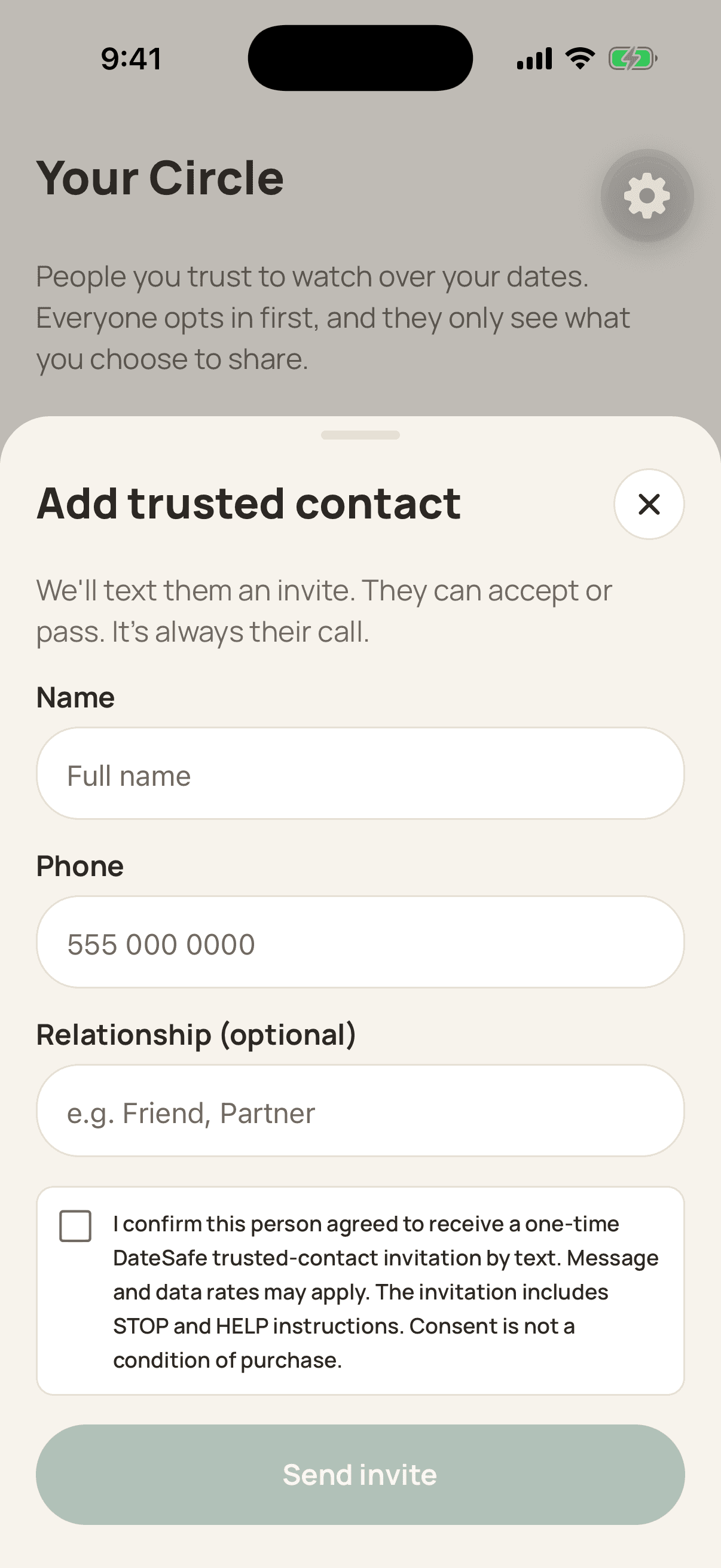 DateSafe Circle screen showing the unchecked permission checkbox before a trusted-contact invitation can be sent