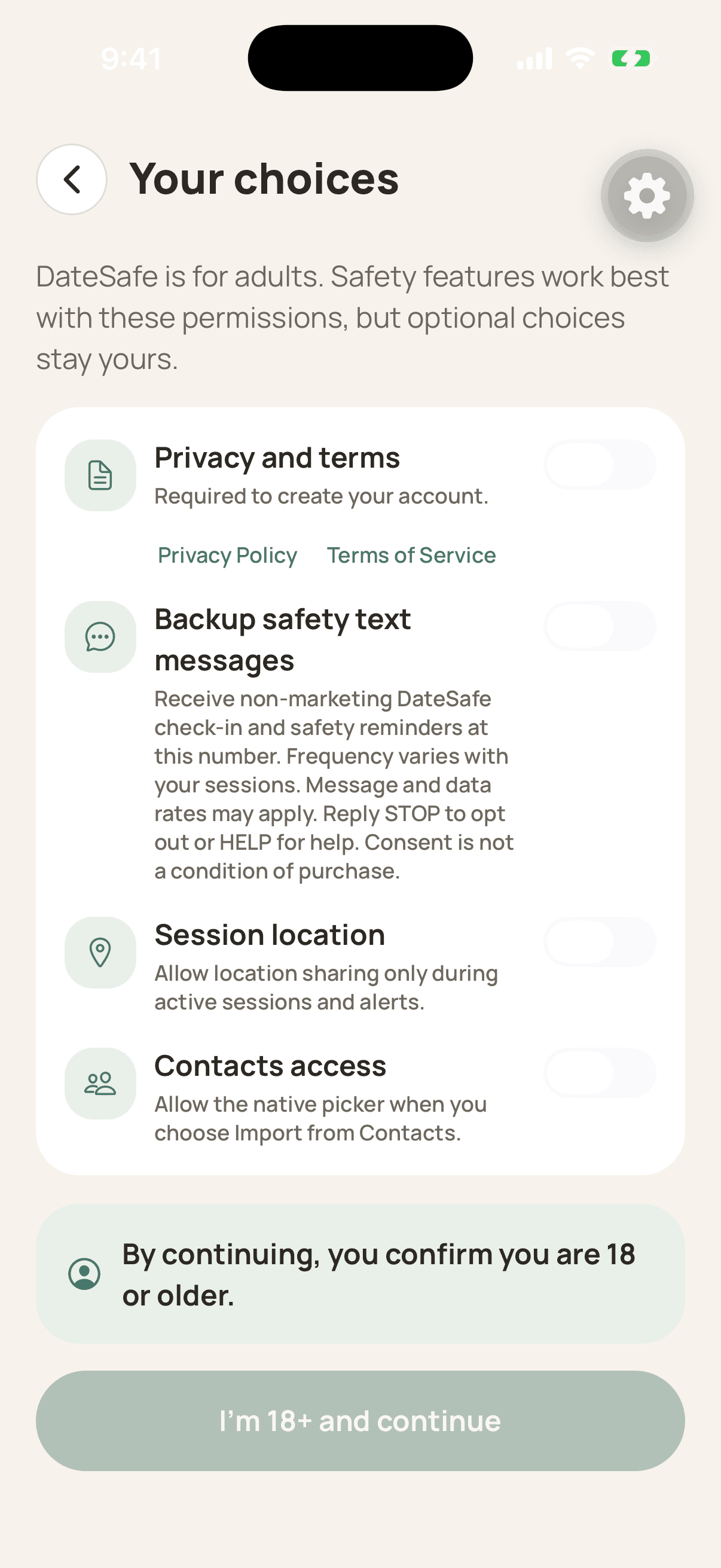 DateSafe onboarding screen showing the optional Backup safety text messages switch off by default with complete SMS disclosures